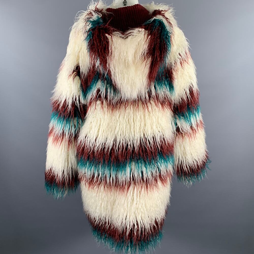 FRIED RICE One Size White Burgundy Teal Stripe Polyester Faux Fur Coat - Picture 5 of 7